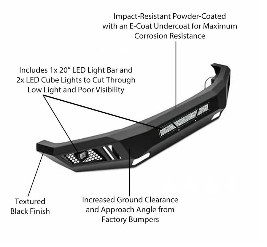 Heavy Duty Black Horse Armour Front Bumper Matte Black Includes 1 20in LED Light Bar, 2 Sets of 4in Cube Lights Compatible with 2017-2022 Ford F-250 Super Duty|2017-2022 Ford F-350 Super Duty