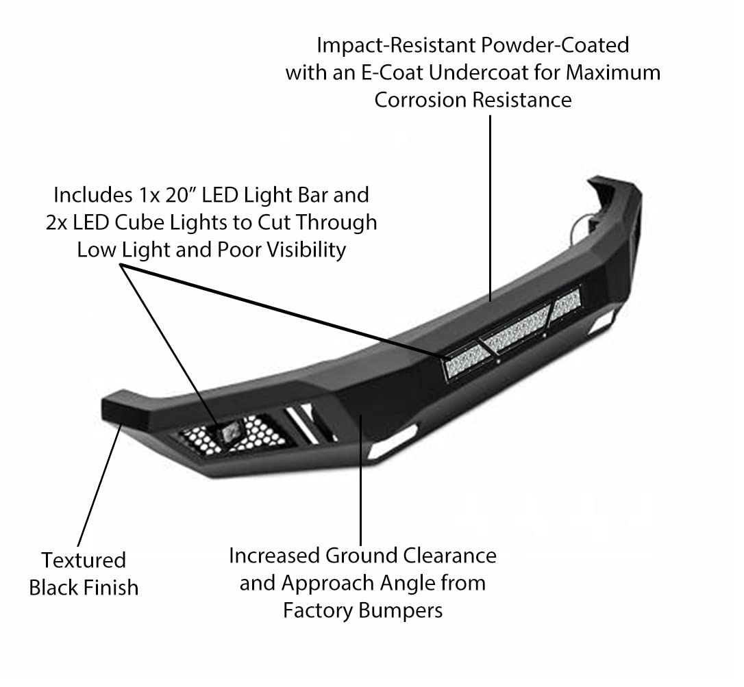 Heavy Duty Black Horse Armour Front Bumper Includes 1 20in LED Light Bar, 2 Sets of 4in Cube Lights Matte Black Compatible with 2014-2015 Silverado 1500-AFB-SI14-KIT
