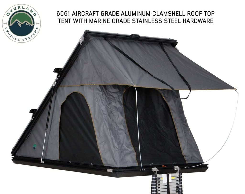 Overland Vehicle Systems Mamba HD Clam Shell Aluminum Hard Shell Roof Top Tent, Grey Body & Green Trim - Premium 280G Rip Stop Waterproof Tent Body - 2 to 3 Person Roof Top