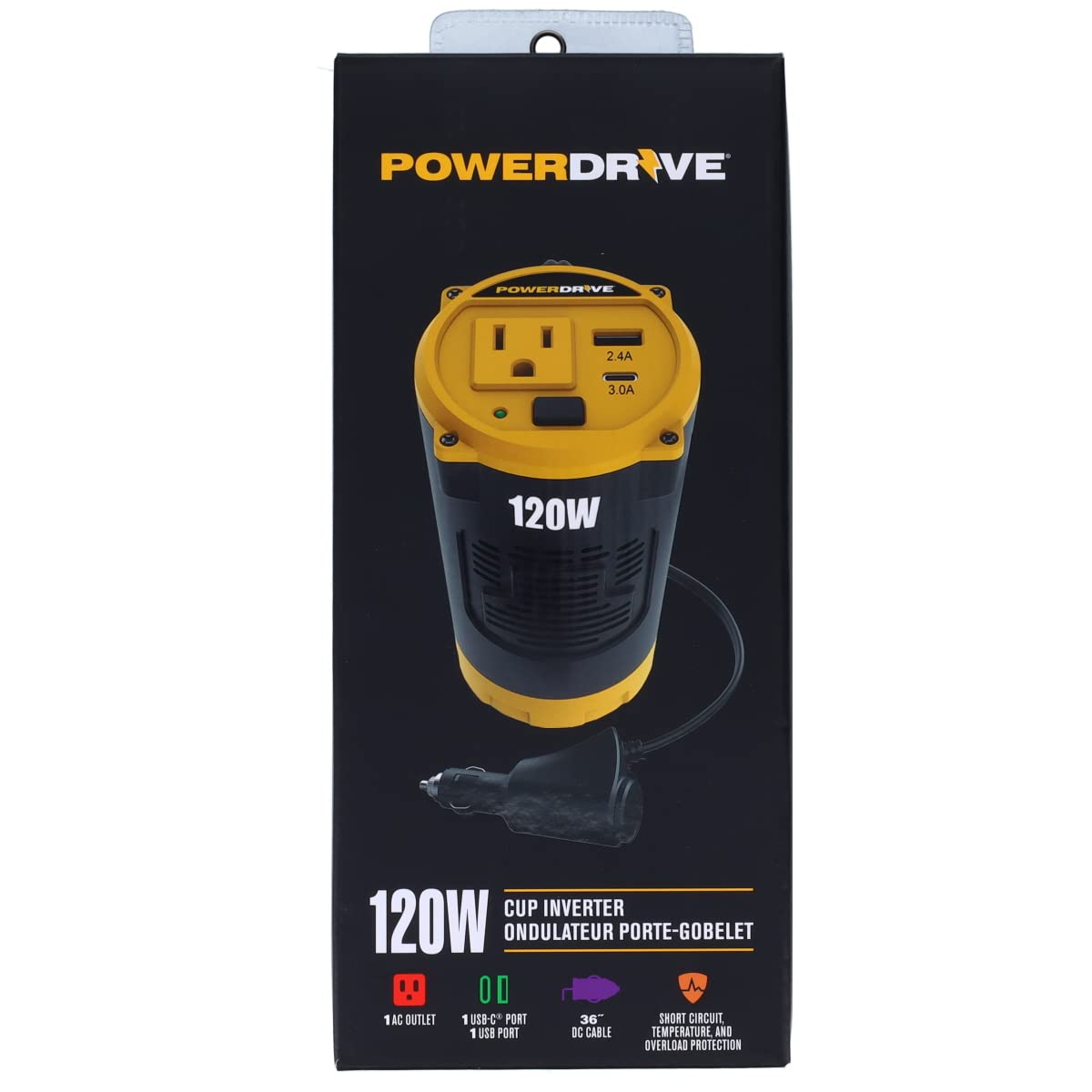 PowerDrive 120 Watt PWD120C Inverter for Cup Holders 12-Volt DC to 110v AC with Outlet and 2 Ports