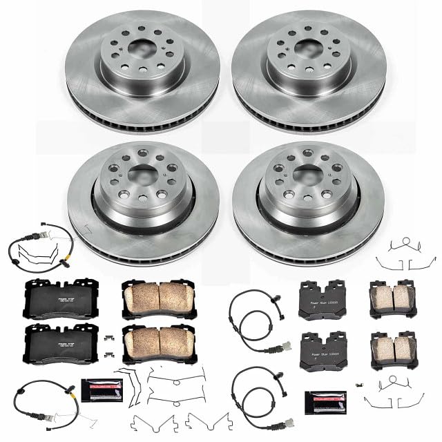 Power Stop KOE4111 Replacement Brake Kit-OE Front and Rear Brake Rotors & Ceramic Brake Pads and 1 Front & 1 Rear Sensor Wires