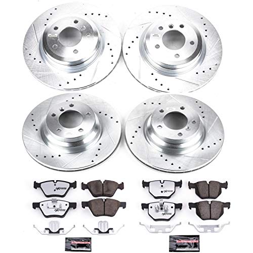 Power Stop K2886-26 Z26 Carbon Fiber Brake Pads Front and Rear with Drilled & Slotted Brake Rotors Kit and 1 Front & 1 Rear Sensor Wires For BMW 330i 2006 [Model Specific]