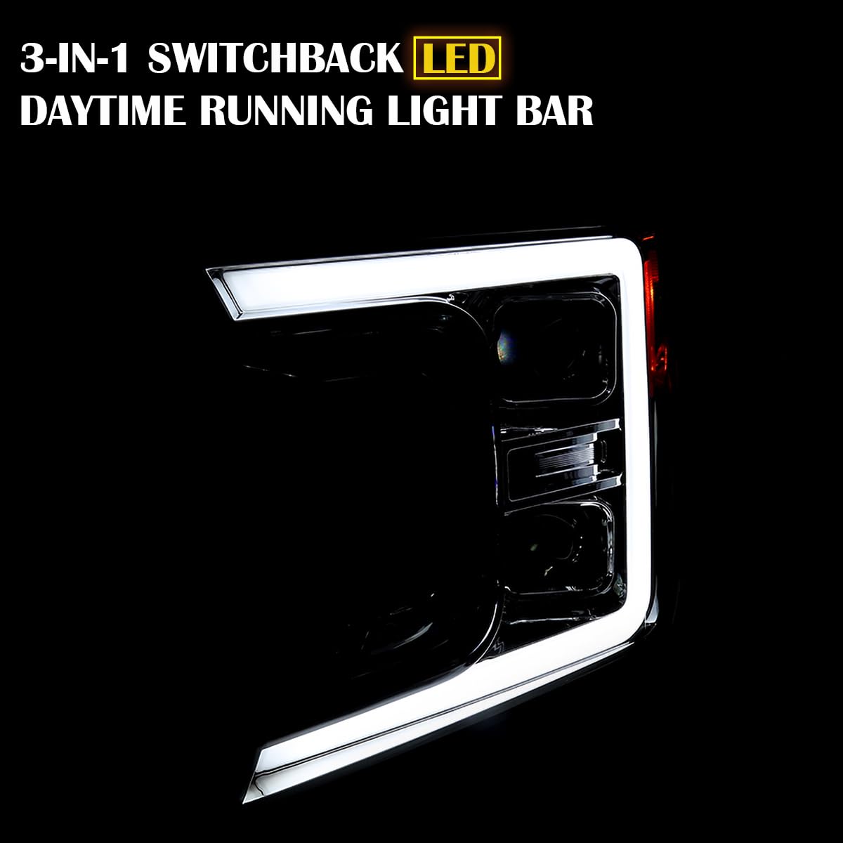 Chrome Sequential Switchback Projector Headlights SPEC-D TUNING w/LED Light Bar Compatible with 2018-2020 Ford F-150, Left + Right Pair Headlamps Assembly