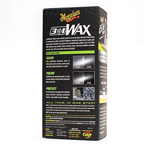 Meguiar's 3 In 1 Wax - Advanced Wax Cleaner that Blends Defect and Scratch Removal, Car Polishing for a High Gloss, and Long-Lasting Paint Protection All in One Step, 16 Oz