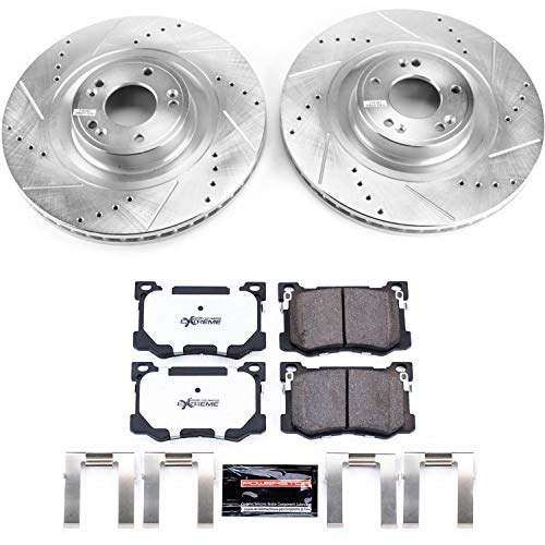 Power Stop K7371-26 Z26 Carbon Fiber Brake Pads Front with Drilled & Slotted Brake Rotors Kit For Hyundai Genesis 2015-2016 [Model Specific]