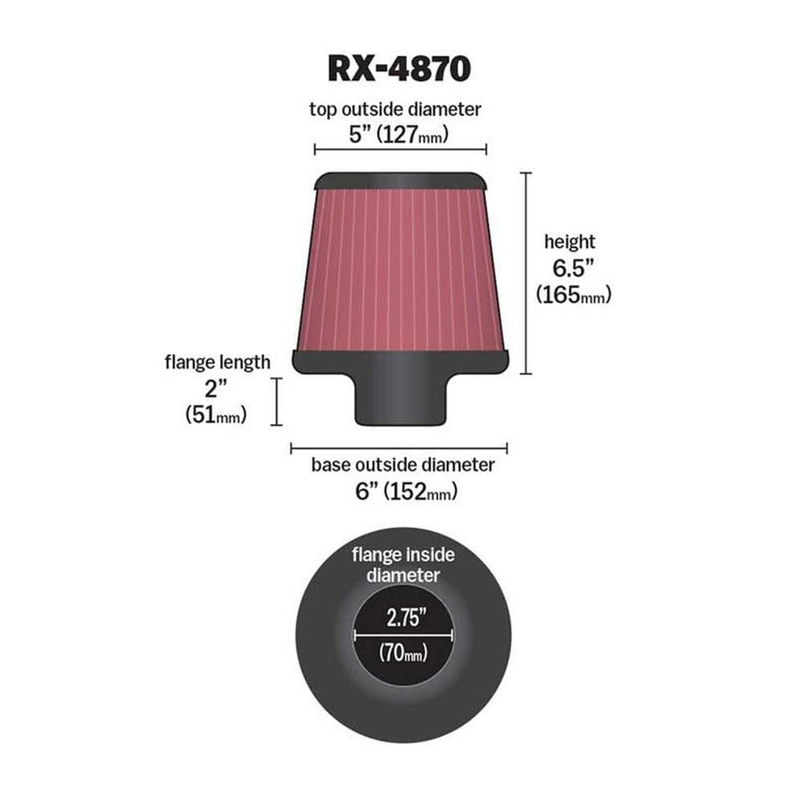 K&N Original High-Flow Lifetime Universal X-Stream Clamp-On Air Filter: High Performance, Premium: Flange Diameter: 2.75 In, Filter Height: 6.5 In, Flange Length: 2 In, Shape: Round Tapered, RX-4870