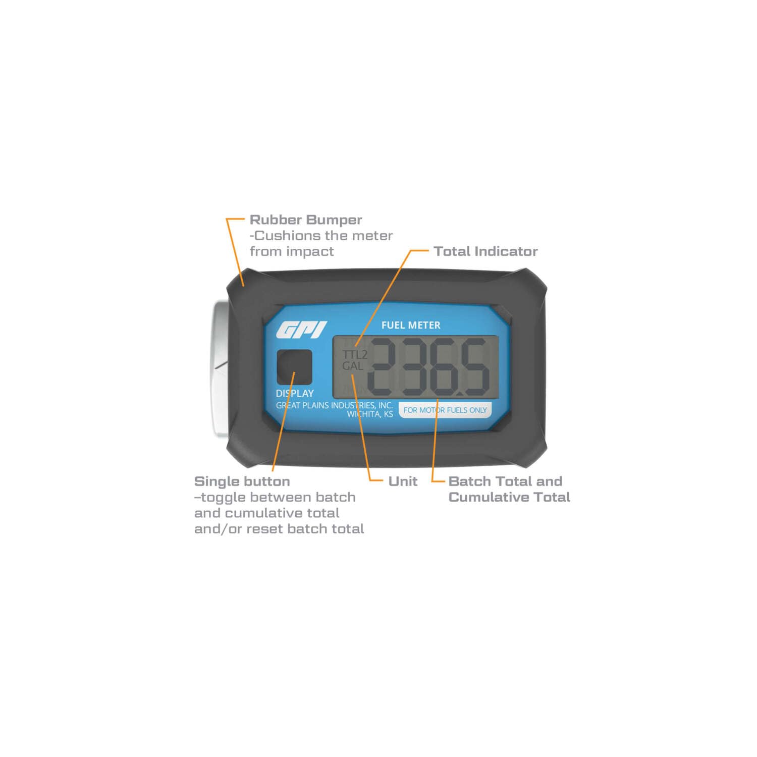 01A Series GPI Turbine Flow Meter for Fuel, Aluminum Body with Battery Powered Digital Display, 3-30 GPM (113255-1)