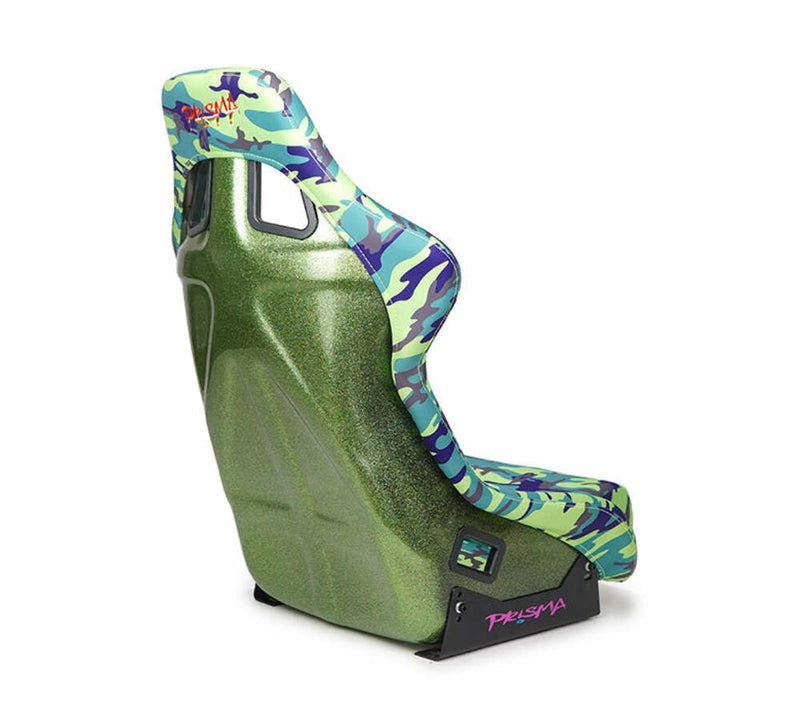 NRG Innovations Prisma NRG-FRP-302-GIJ Fixed Back Bucket Seat wBottom Mount,Green Camo Print Fabric/Green Sparkle Back