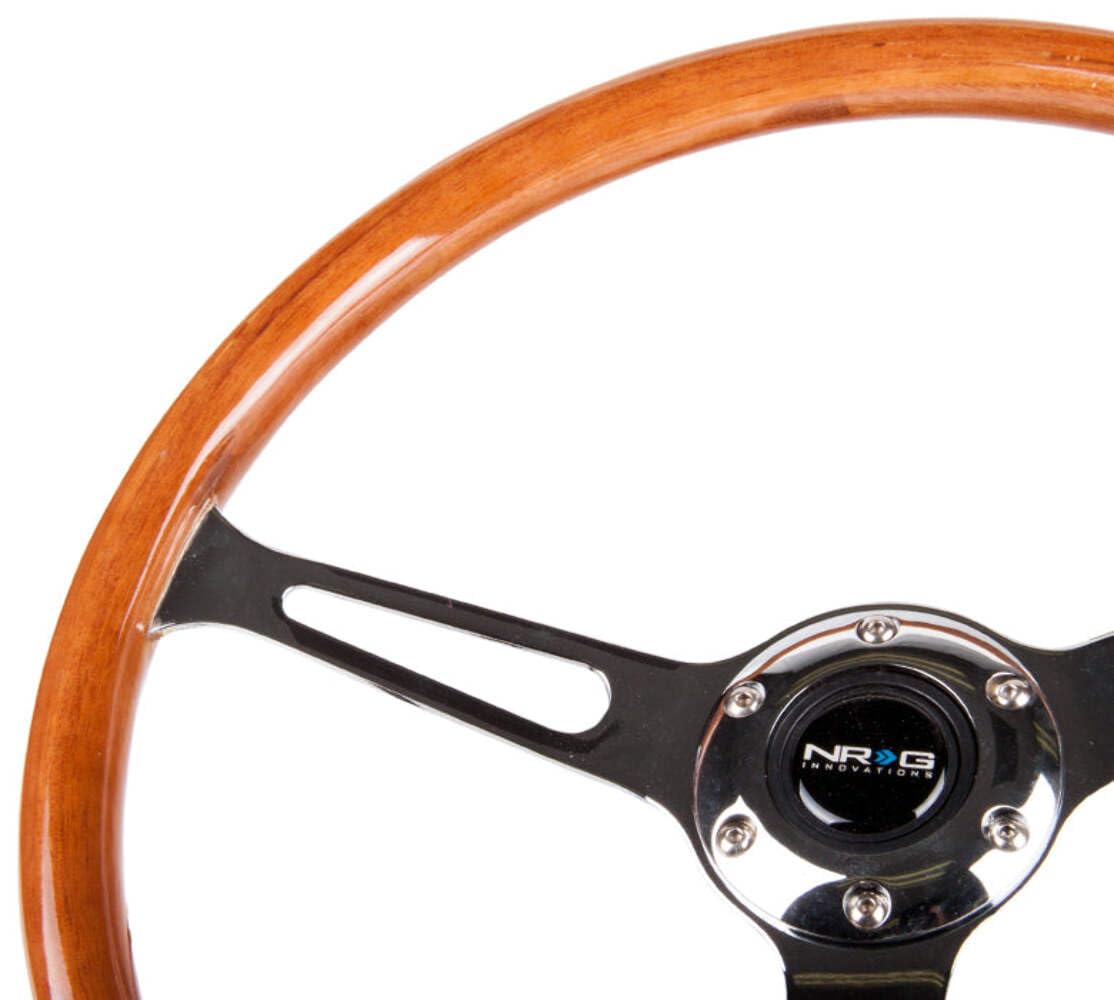 NRG Innovations Reinforced NRG-RST-360SL Classic Wood Grain Wheel, 360mm, 3 Spoke Center in Chrome, Custom Stained Mahogany