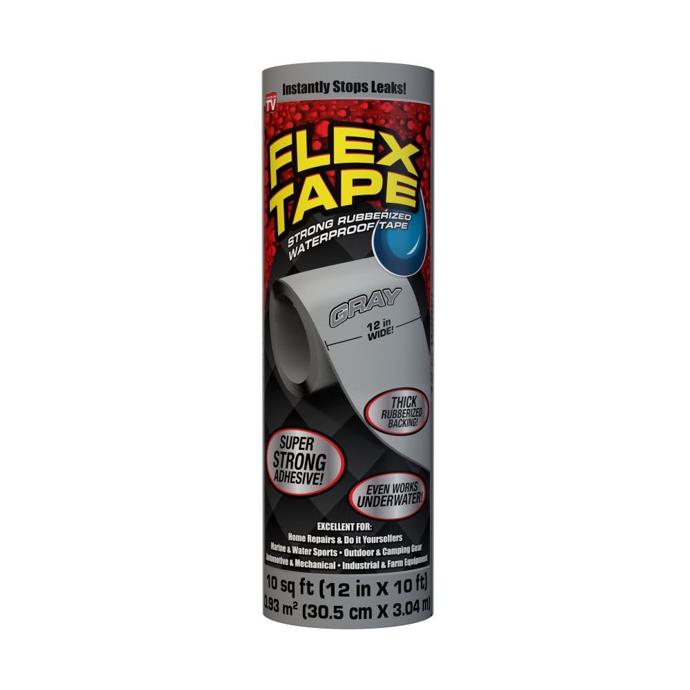 Original Flex Tape, Thick Flexible Rubberized Waterproof Tape - Seal and Patch Leaks, Works Underwater, Indoor Outdoor - Home RV Roof Plumbing and Pool Repairs, Gray, 12 in x 10 ft, Pack of 1