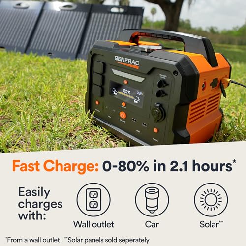 Portable Power Station Generac 1086Wh with Lithium-Ion Battery - Clean, Emission-Free Power - Wirless Charging Pad and Compact Design - Camping, RV, Indoor/Outdoor Use - Orange/Black