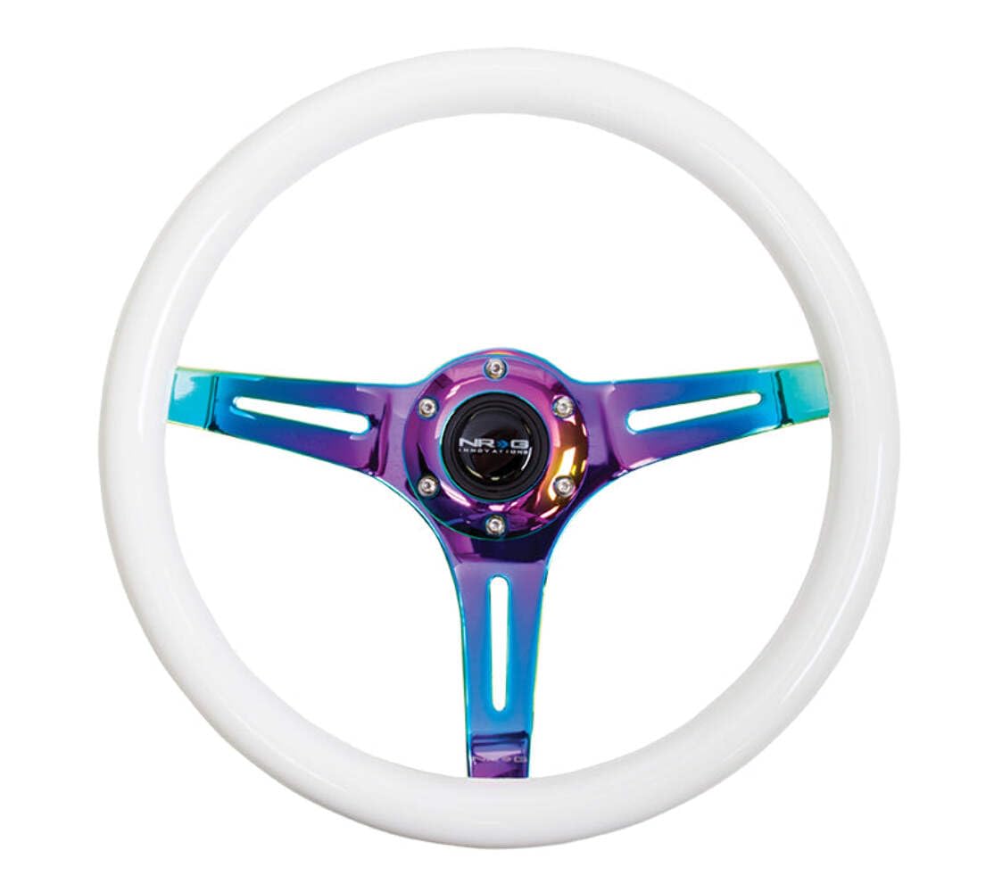 NRG Innovations Steering Wheel NRG-ST-015MC-GL - 350mm 25mm Deep Configuration, Classic Wood Grain Wheel 3 Neochrome Spokes - Glow-N-Dark Grip (ST-015MC-YG)