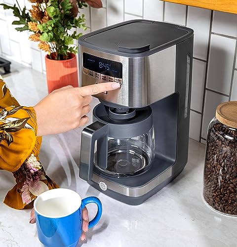 Drip Coffee Maker GE With Timer | 12-Cup Glass Carafe Coffee Pot With Adjustable Keep Warm Plate | Wide Shower Head for Maximum Flavor | Kitchen Essentials | Stainless Steel