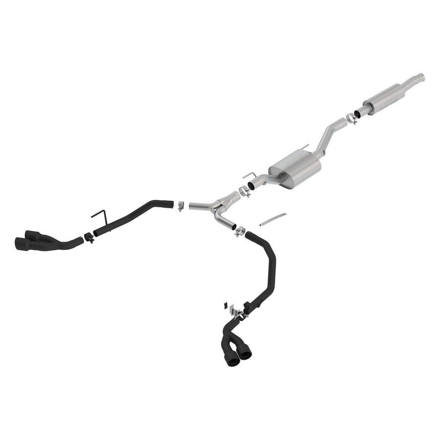 Borla S-Type 140815CB Cat-Back Exhaust System Dual Round Angle Cut 2.75 in Split Into Dual 2 in. Truck Split Side Exit Ceramic Black 3.5 in. Tip T-304 Stainless Steel Cat-Back Exhaust System