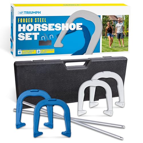 Triumph Premium Forged Horseshoe Set Triumph Complete with 4 Horseshoes, 2 Stakes and Hard Plastic Case with Locking Tabs for Transportation and Storage