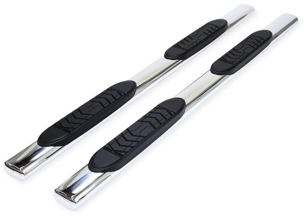 Ram 1500 Crew Cab Truck Running Boards Fits 2011-2018 Oval 5 Inch Straight Nerf Bars with Step Pads Polished Marine-Grade Stainless Steel, Welded End Caps, Rocker Panel Mount TrailFX A7056S