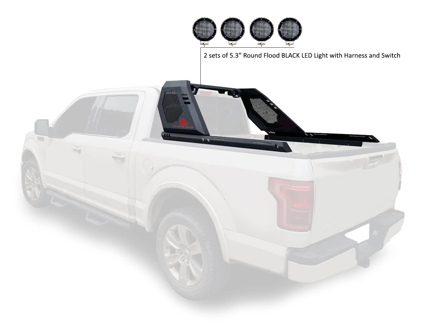 Vigor Roll Bar Black Horse Incl. Set of 5.3" Dia.Led Lights w/Black Trim Rings Modular Black Compatible with 2019-2022 Ford Ranger-VIRB08B-PLFB