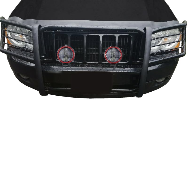 Grille Brush Black Horse Bumper Guard Modular Black Come with Pair of 5.3" Dia.LED Lights with Red Trim Rings Compatible with 2005-2010 Jeep Grand Cherokee-17A080200MA-PLFR