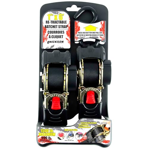 Pro Series Erickson 1in x 6ft Black Retractable Ratcheting Tie-Down Straps, 1500 lb Load Capacity, Pack of 2
