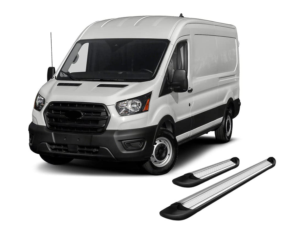 Transporter Running Boards Silver Black Horse Compatible with 2015-2024 Ford Transit-150 (Excl. 2022-24 E-Transit)-TR-F63596S