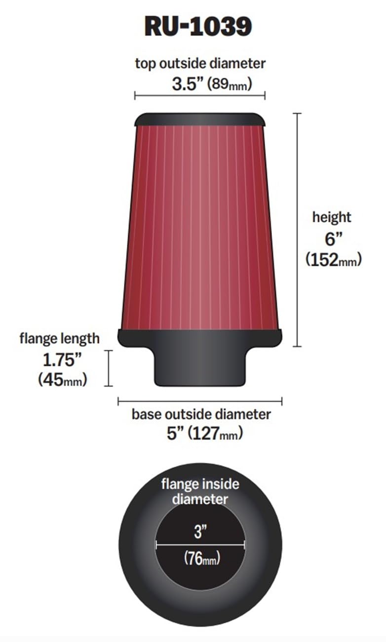 Universal K&N Clamp-On Air Filter: High Performance, Premium, Washable, Replacement Filter: Flange Diameter: 3 In, Filter Height: 6 In, Flange Length: 1.75 In, Shape: Round Tapered, RU-1039