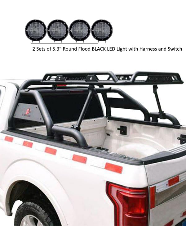 Warrior Black Horse Roll Bar Incl. Set of 5.3" Dia.LED Lights Compatible with 1/2 TON Trucks (GM Silverado 14+/Ford F150 15+/Dodge RAM 15+) with Full Size Cargo Basket(with RED Brake Light)
