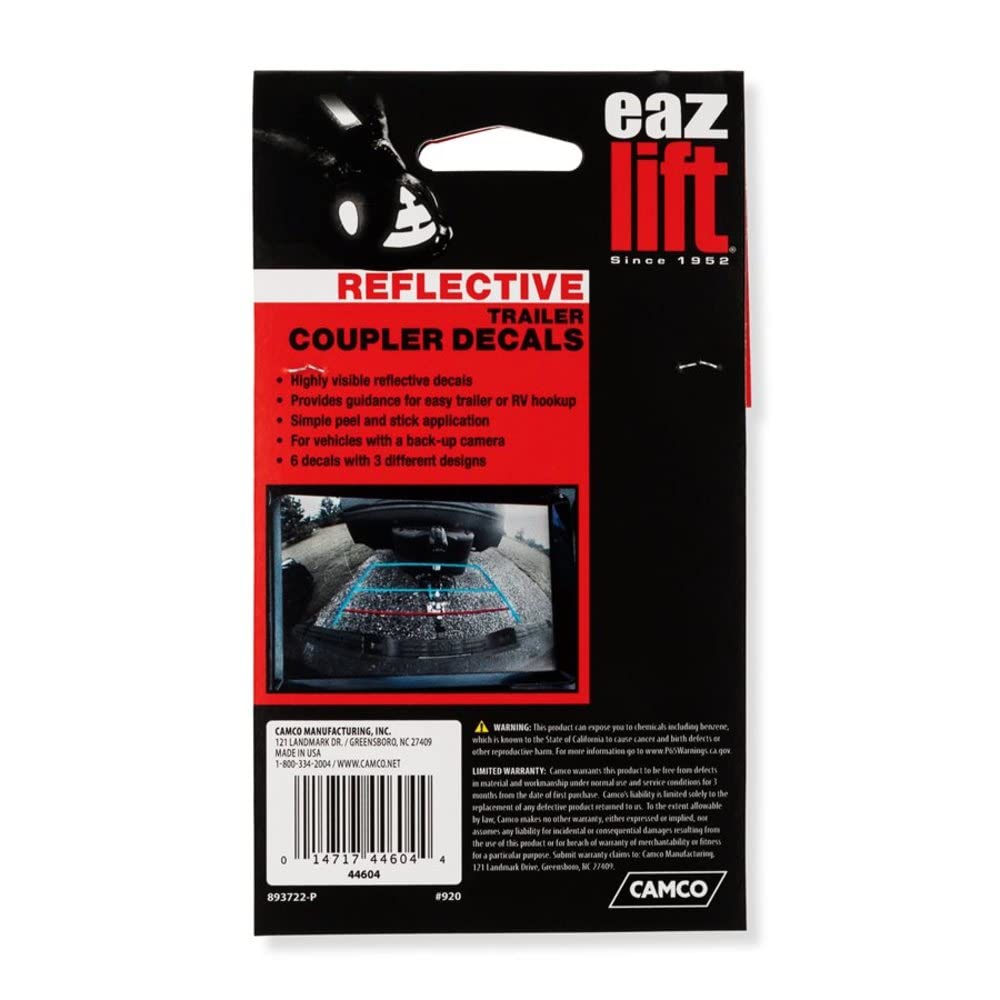 Camco Eaz-Lift Coupler Reflective Camper & RV Decals | Features a Highly Visible Design, Guidance for Easy Trailer Hookup, and are Simple to Use (44604)