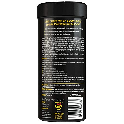 Citrus-Fresh Meguiar's Cleaning Wipes - Multi-Surface Wipes Removes Dirt, Grease, and Grime on a Variety of Surfaces Inside and Out - Citrus Scented Wipes that Make for Convenient Cleaning, 30 Wipes