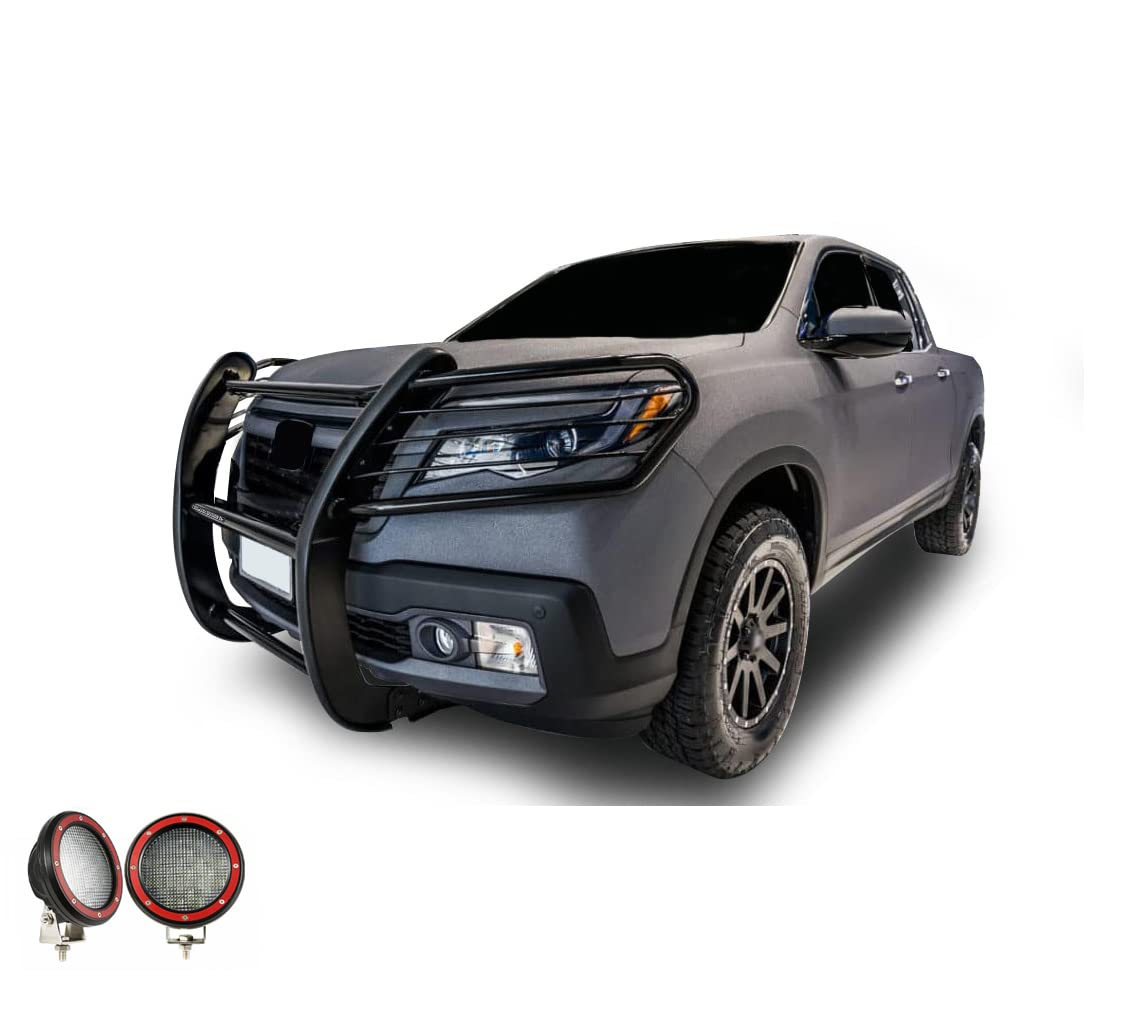 Bumper Guard Black Horse Grille brush Modular Come With Pair of 5.3" Dia.LED Lights with Red Trim Rings Compatible with 2016-2019 Honda Ridgeline-17H01MA-PLFR