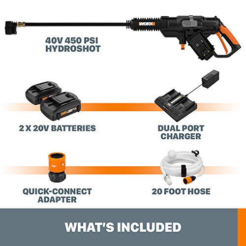 40V WORX Power Share Hydroshot Portable Power Cleaner 2X20V (Batteries & Charger Included) - WG644 Black/Orange