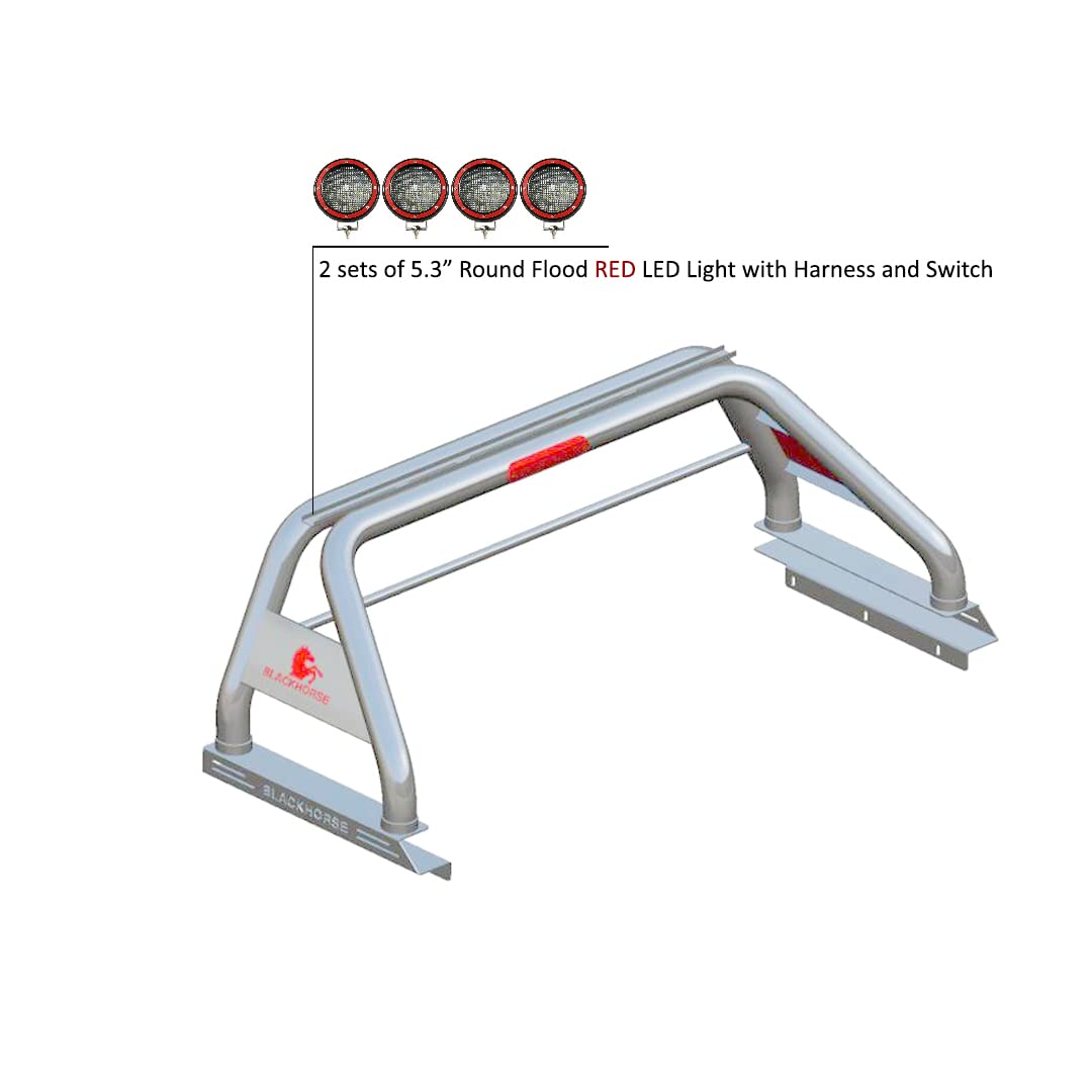 Classic Black Horse Roll Bar Incl. Set of 5.3" Dia.Led Lights w/Red Trim Rings Stainless Steel Compatible with 2020-2024 Jeep Gladiator-RB09SS-PLFR