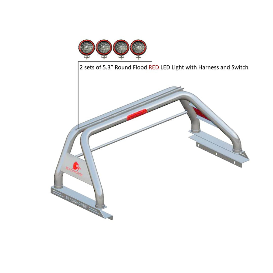 Classic Black Horse Roll Bar Incl. Set of 5.3" Dia.Led Lights w/Red Trim Rings Stainless Steel Compatible with 2020-2024 Jeep Gladiator-RB09SS-PLFR