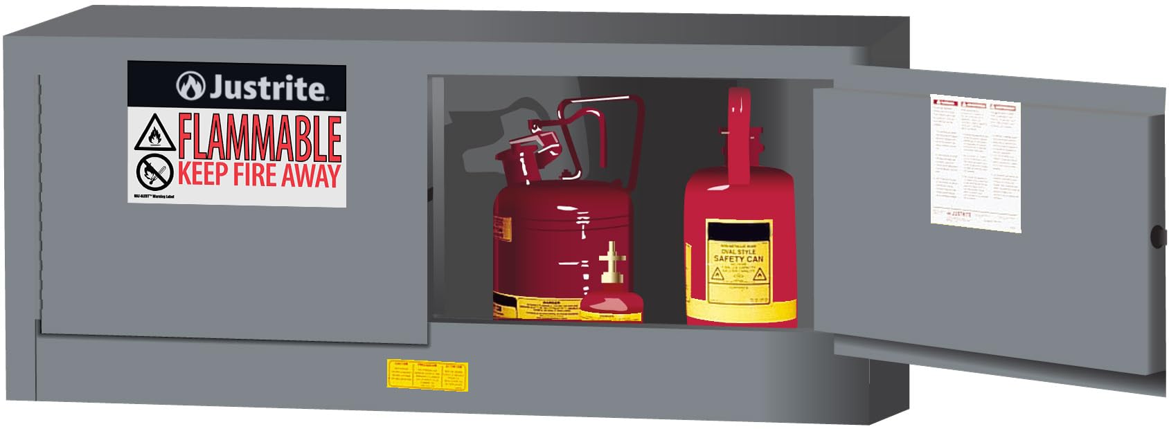Justrite 12 Gallon Flammable Storage Cabinet Manual Close Piggyback, 18 Gauge Steel, 2 Door Fire Cabinet, 18" x 43" x 18", Made in The USA, Gray, 891303