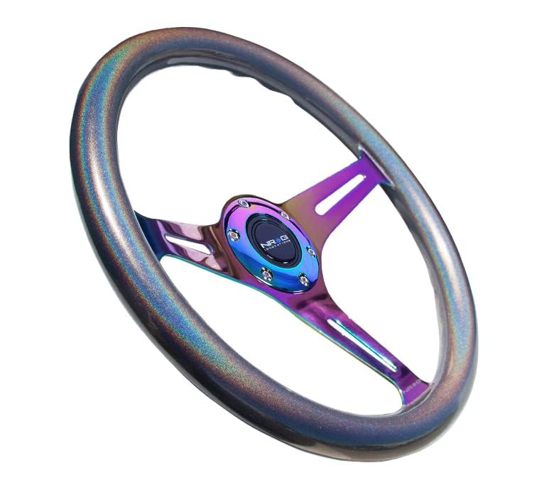 NRG Innovations Steering Wheel NRG-ST-015MC-CN - 350mm 25mm Deep Configuration, Chameleon Classic Wood Grain Wheel 3 Neochrome Spokes- Pearlescent Paint Grip