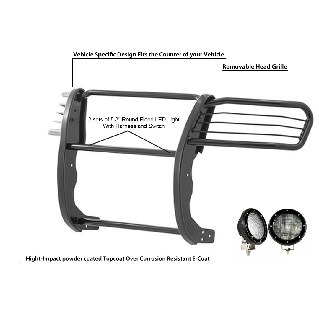 Bumper Guard Modular Black Horse Grille brush Come with Pair of 5.3" Dia.LED Lights with Black Trim Rings Compatible with 1997-2003 Infiniti QX4|1996-2004 Nissan Pathfinder-17NE23MA-PLFB
