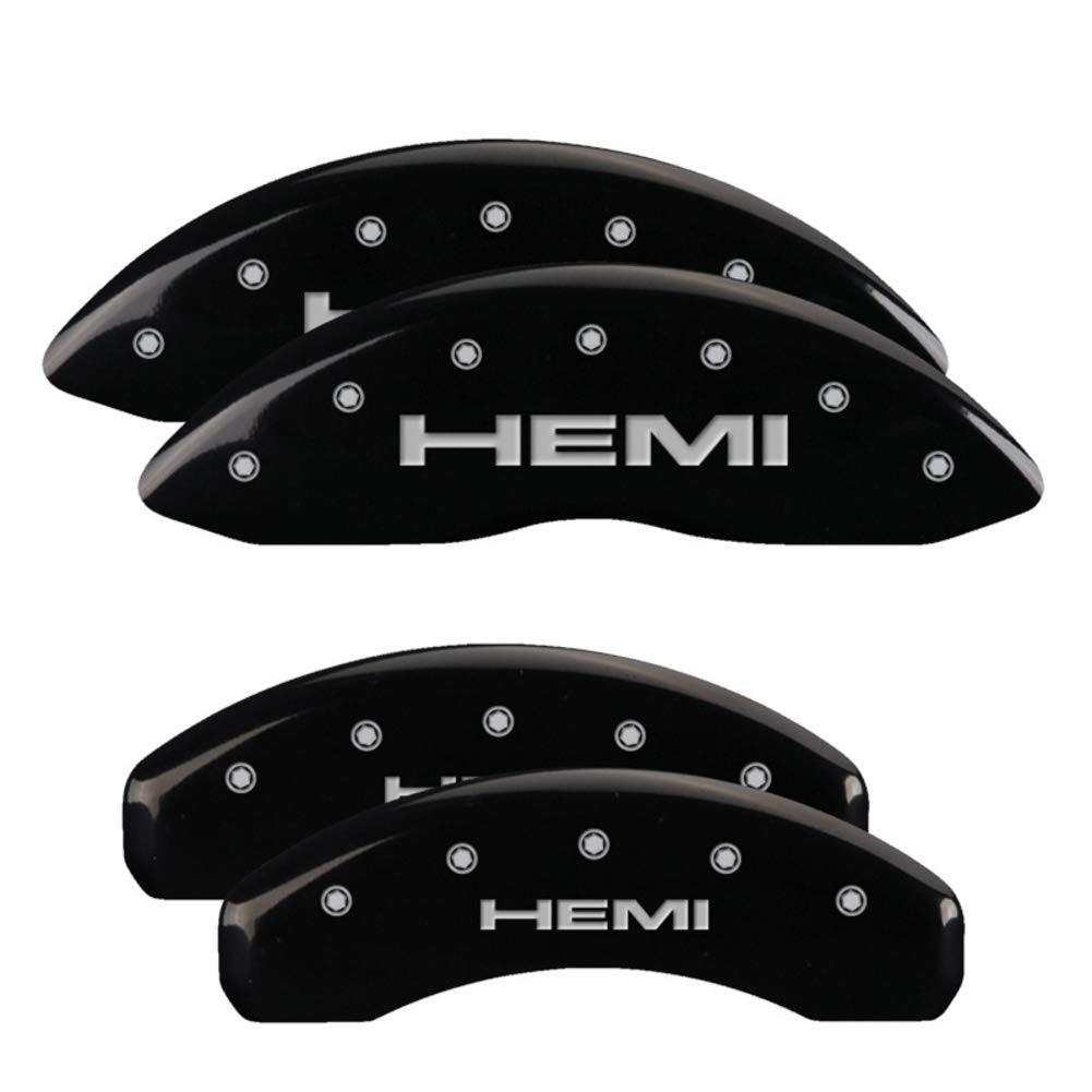 Brake Caliper Covers MGP for Jeep Grand Cherokee 2011-21, WK 2022 (Requires 17"+ Wheels) Black Powder-Coated Finish, Engraved Silver HEMI Logo, Front and Rear Caliper Covers (Set of 4)