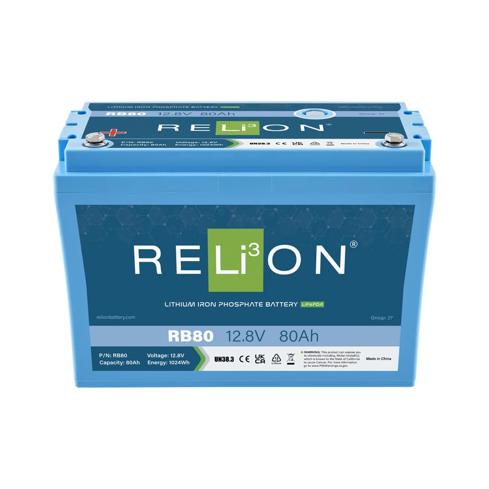 12V RELiON RB80 | 80Ah | LiFePO4 Lithium-ion Battery | Group 27 | 3500~5000 Cycles | Waterproof (IP67 Rating) | 10 Year Warranty | Perfect for Boat, Kayak, Trolling Motor, RV, Solar, Off Grid etc.