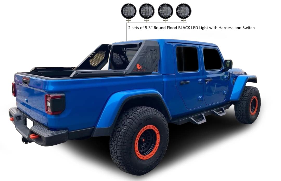 Vigor Black Horse Roll Bar Incl. Set of 5.3" Dia.LED Lights w/Black Trim Rings Modular Compatible with 2020-2024 Jeep Gladiator-VIRB09B-PLFB