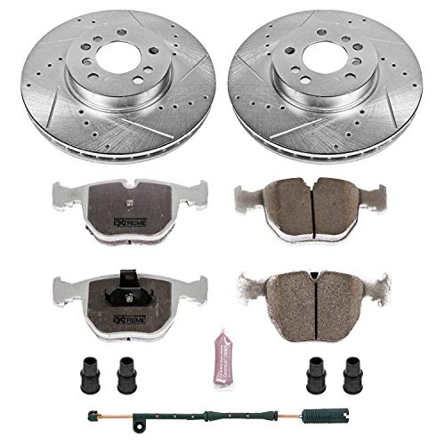Power Stop K879-26 Z26 Carbon Fiber Brake Pads Front with Drilled & Slotted Brake Rotors Kit and 1 Front Sensor Wire For BMW X5 2000-2006 [Model Specific]
