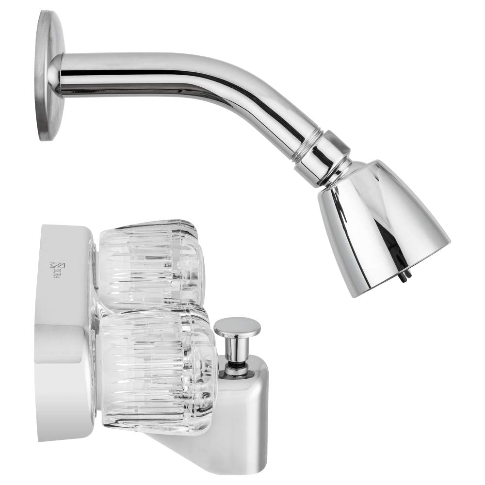 Dura Faucet Shower Faucet Economical with Diverter, Shower Head with Arm, Crystal Acrylic Knobs (Chrome Polished)