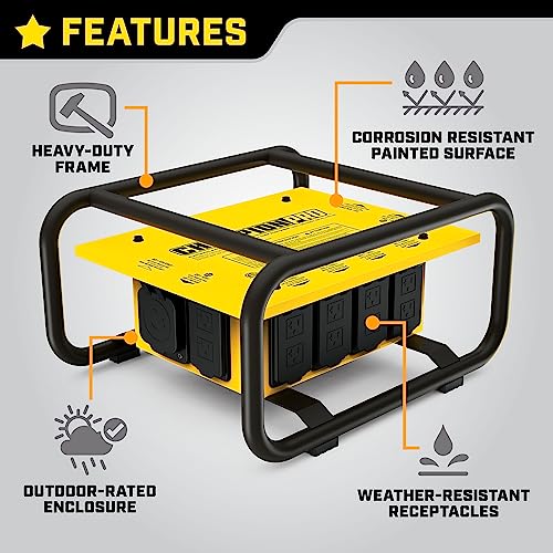 Champion Power Equipment OSHA Compliant Pro Grade Power Distribution Box, 50-Amp Twist Lock Inlet, Six 120V GFCI Duplexes, One 120/240V 30A Locking Outlet, 30A and 50A RV Adapters