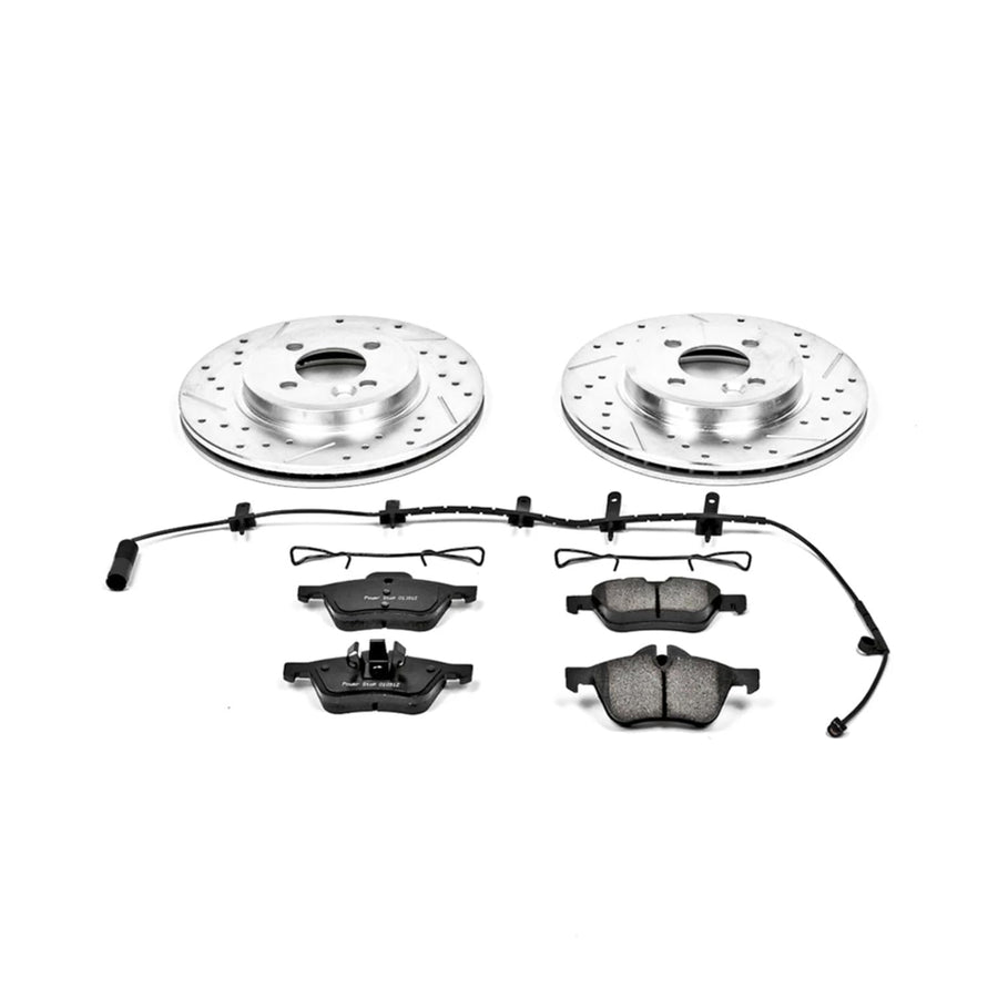 Power Stop K5724 Z23 Carbon Fiber Brake Pads Front with Drilled & Slotted Brake Rotors Kit and 1 Front Sensor Wire For Mini Cooper 2002-2006 [Model Specific]