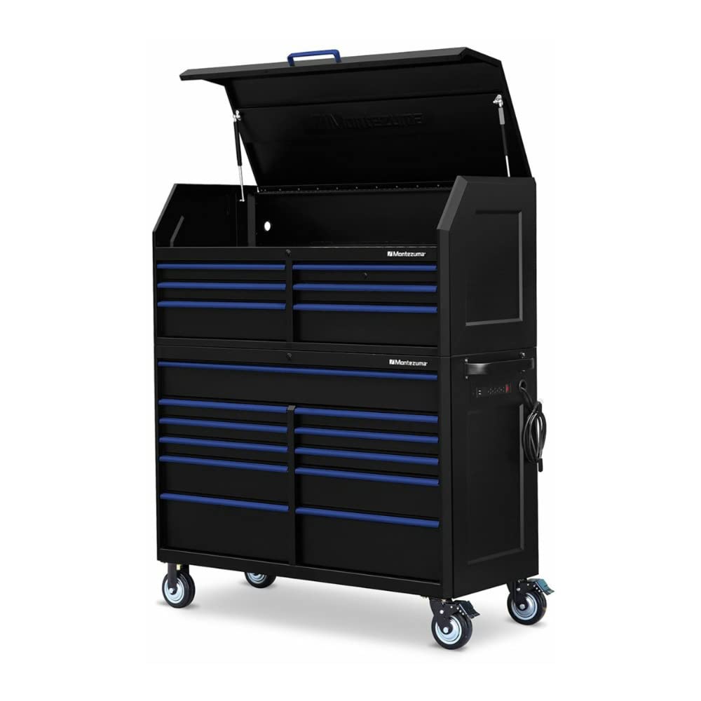 Montezuma Tool Box - 11 Drawer 56" x 24" Rolling Tool Cabinet with Multiple Power Outlets & Black Powder Coat Finish - M562411TC