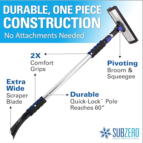 60" SubZero Quick Lock Pivoting Head Snowbroom with Integrated Squeegee and Ice Scraper, Black