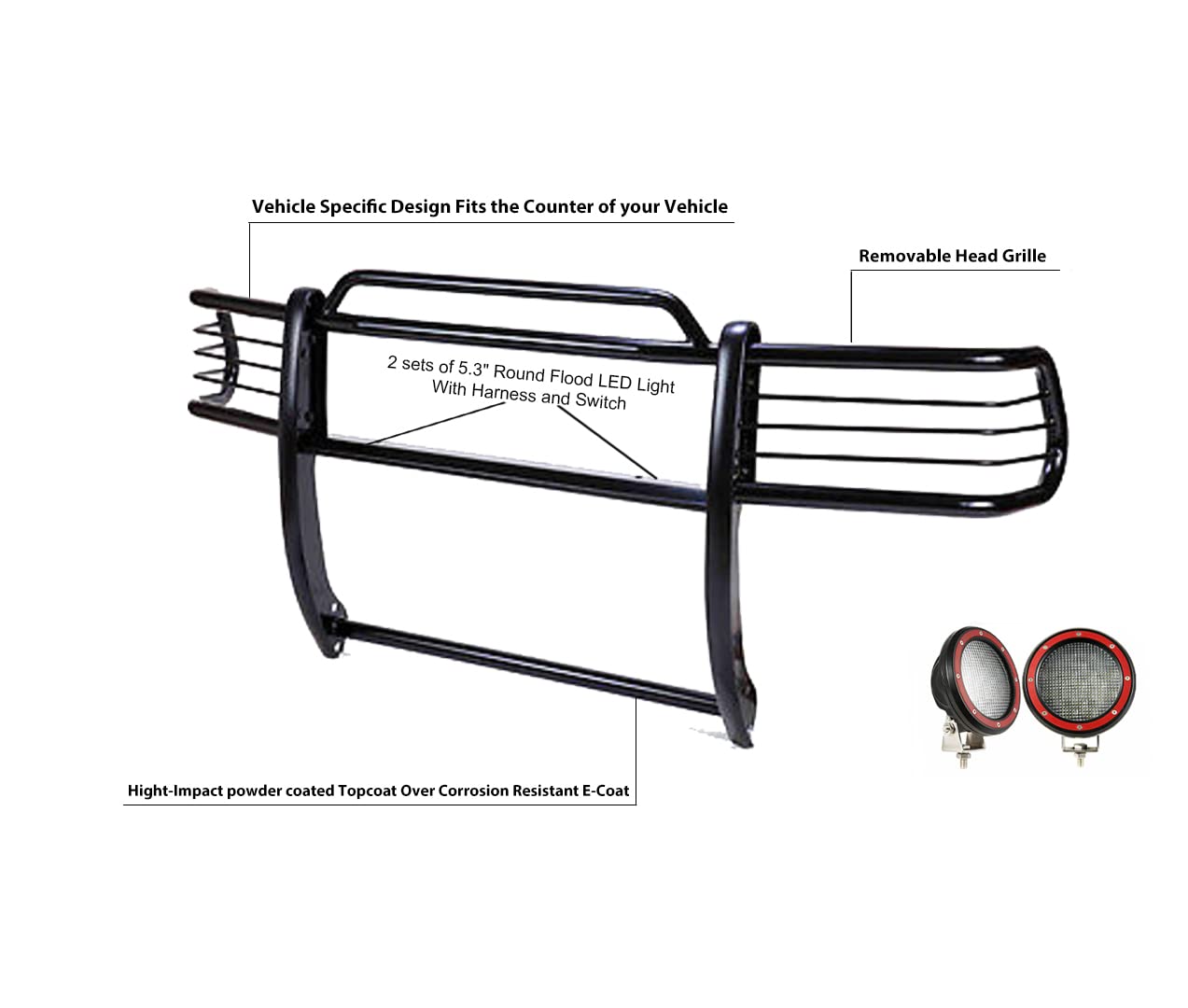 Black Horse Grille Brush Bumper Guard Black Modular Come with Pair of 5.3" Dia.LED Lights with Red Trim Rings Compatible with 2002-2009 Chevy Trailblazer|2002-2006 Chevy Trailblazer EXT-17GK26MA-PLFR