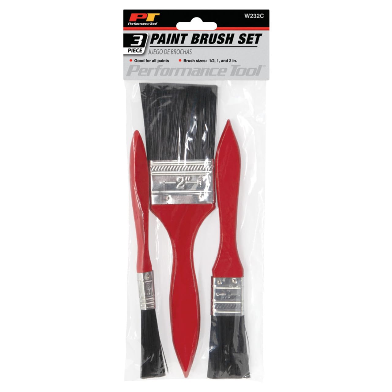 Set of 3 Performance Tool W232C Paint Brushes with Durable Plastic Handles - Sizes 1/2-Inch, 1 & 2 Width for Use with Many Paints