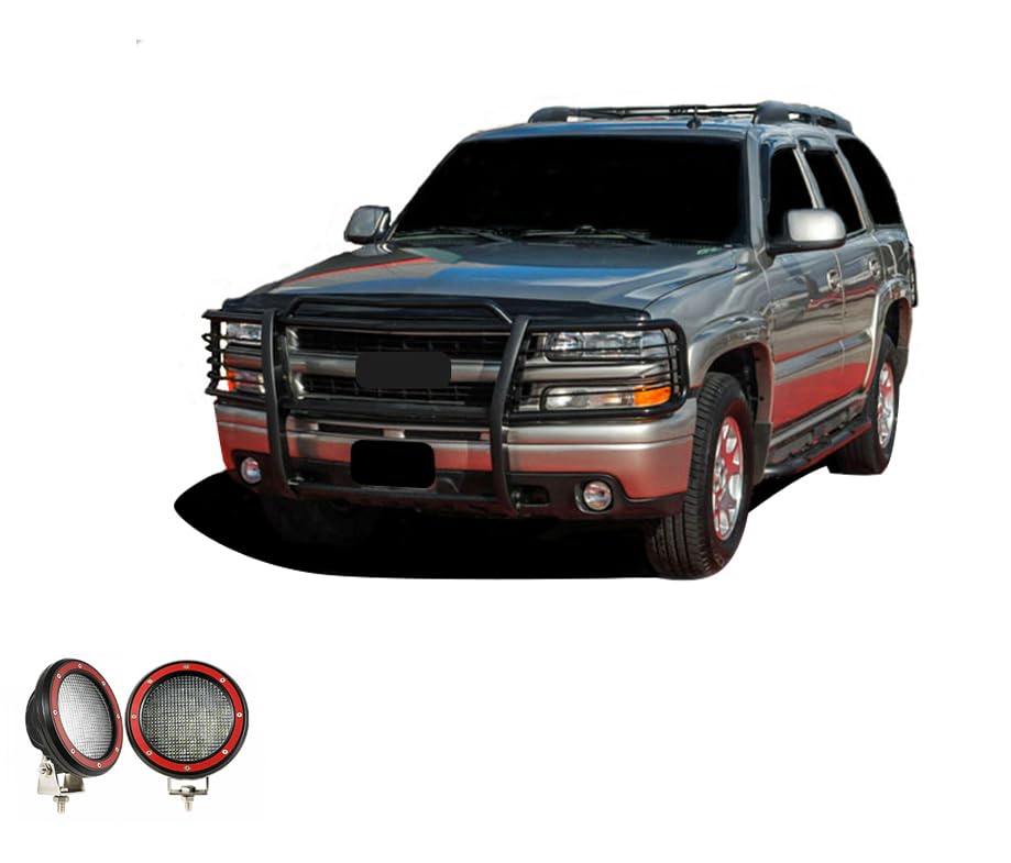 Bumper Guard Black Horse Grille Brush Modular Black Come with Pair of 5.3" LED Lights Compatible with 1999-2002 Silverado 1500|2000-2006 Suburban 1500/Tahoe/Yukon/Yukon XL 1500-17GT23MA-PLFR