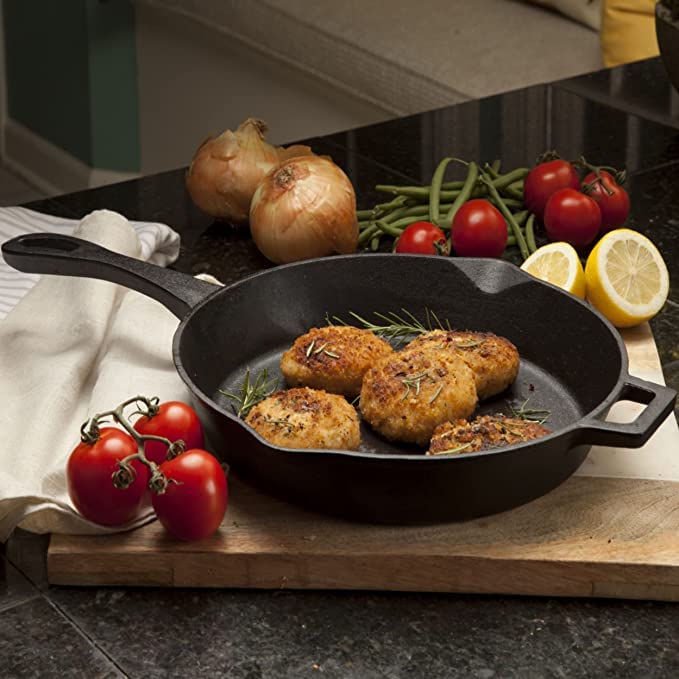 Bayou Classic 14-in Cast Iron Skillet Features Helper Handle and Pour Spouts Perfect For Searing Braising Frying and Baking Pies and Cobblers