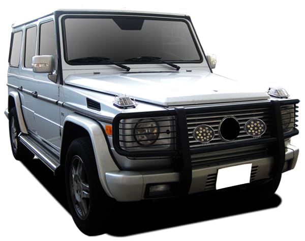 Black Horse Grille Brush Bumper Guard Black Modular Come with Pair of 7.0" LED Lights with Black Trim Rings Compatible with 2003-2010 Mercedes-Benz G55 AMG|1999-2010 Mercedes-Benz G500-PGBZA008A-PLB