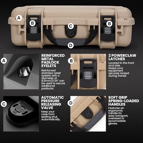 Hard NANUK 910 Optic Ready Pistol Case with Custom Foam Insert, IP67 Waterproof & Crushproof, Rugged Construction for Ultimate Protection, Made in Canada – Tan (14.3” x 11.1” x 4.7”)